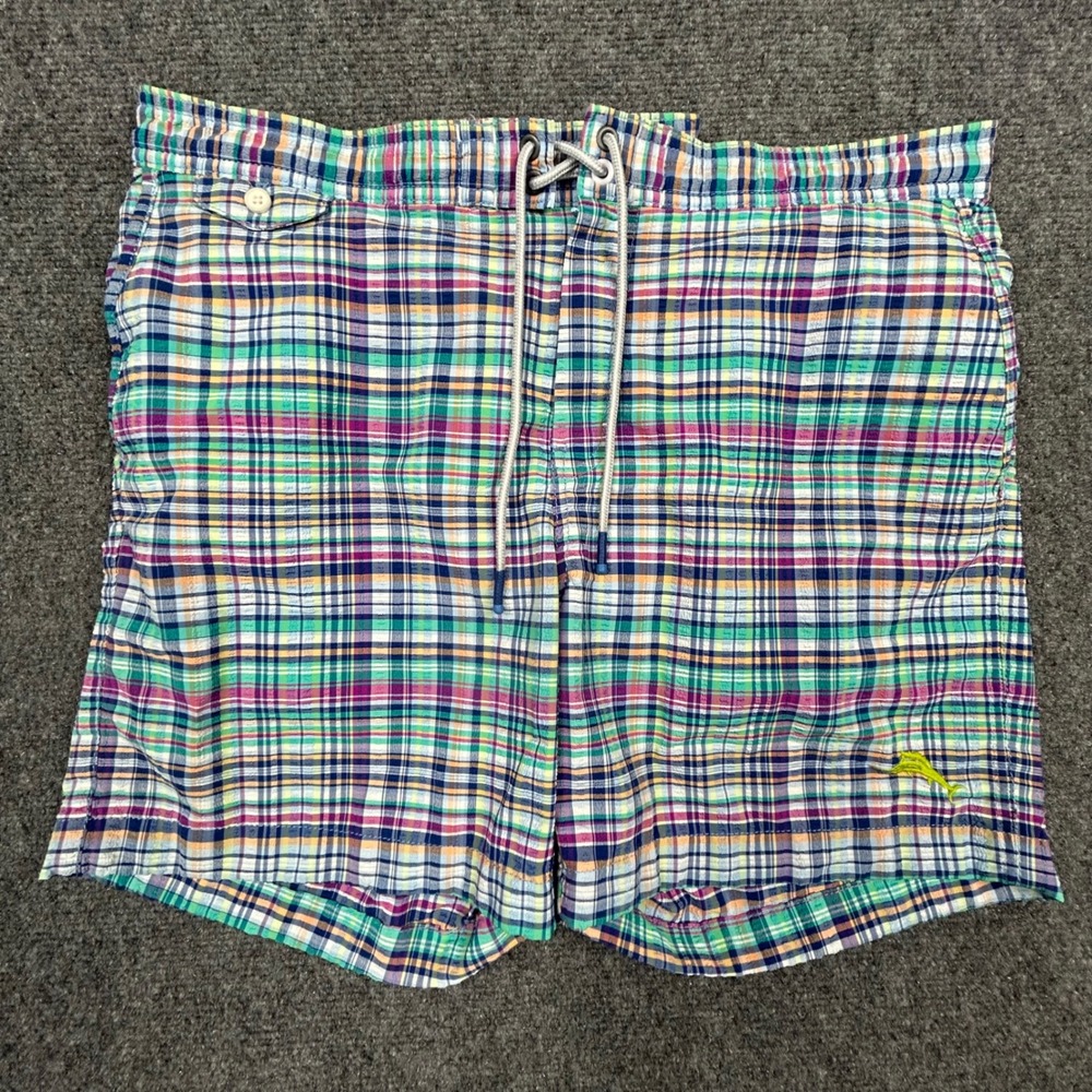 Tommy Bahama Swim Trunks Mens Large Multi Plaid‎ Nylon Spandex Coastal Beachwear